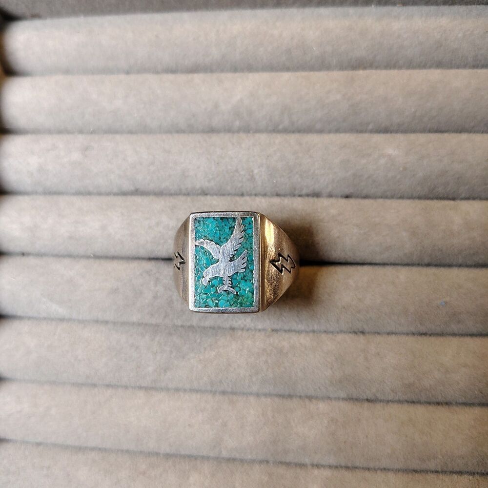 Carolyn Pollack Crushed Turquoise Inlay Sterling Eagle Signet VTG Mens Ring/J121